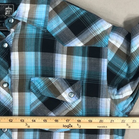 Elixir Shirt Men's Medium Blue Plaid Snap Button Down Long Sleeve Western Cowboy - Picture 8 of 10